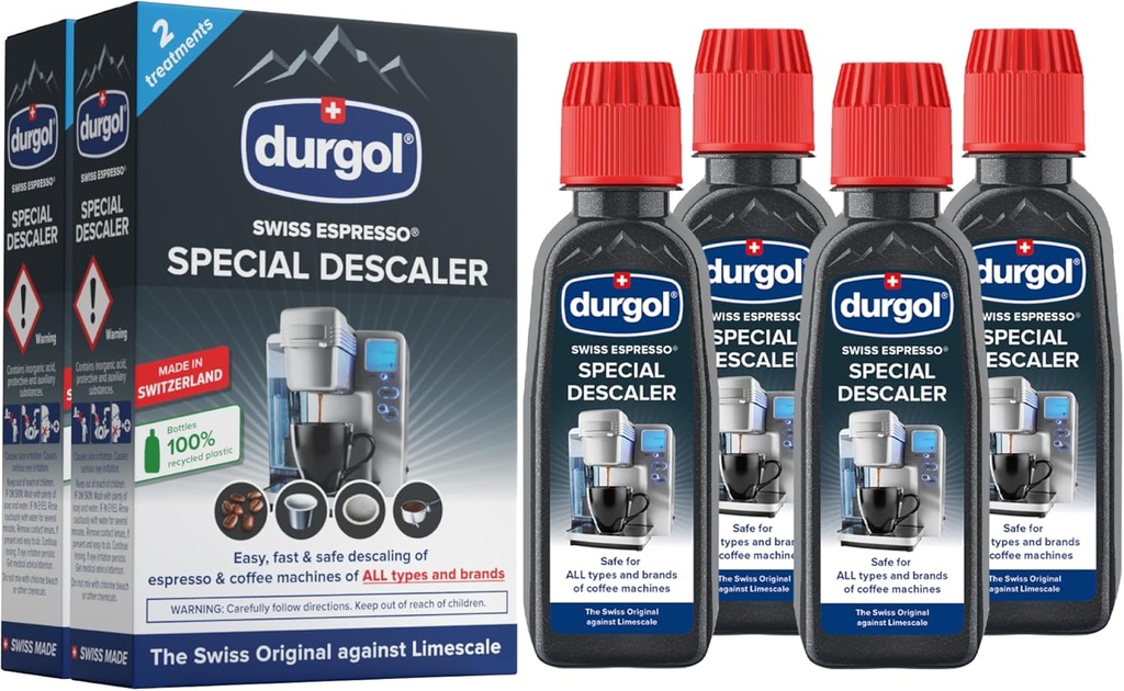 Durgol Swiss Espresso, Descaler and Decalcifier for All Brands of Espresso Machines and Coffee Makers, 4.2 Fluid Ounces (Pack of 4)