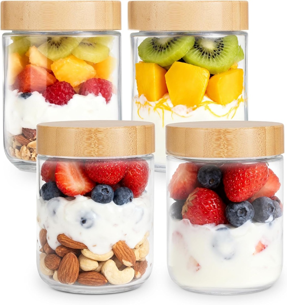 4-pack 16oz Overnight Oats Containers with Bamboo Lids, Wide mouth Mason Salad jars, Glass Jars with Airtight Lids for Meal Prep, Glass Food Storage Container for Snack Yogurt Sugar Spice
