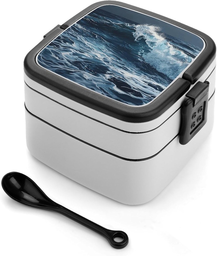 Waves in The Bento Box with Compartments Double Layer Bento Lunch Box with Spoon And Handle All-in-One Adult Lunchbox Leakproof Lunch Container for Work Picnic Travel