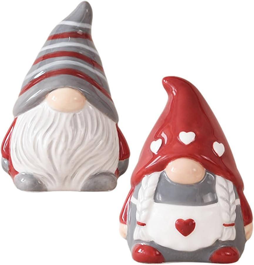 ABOOFAN Ceramic Gnome Salt Pepper Shaker Set Couple Gnome Spice Canister Kitchen Salt Container Mini Porcelain Seasoning Jar Valentines Day Wedding Sugar Dispenser, 8.50X6.10X5.50CM, Red