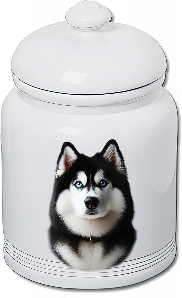 Best of Breed Siberian Husky Black/White Blue Eyes Dog and Cat Ceramic Treat Jar 9" Tall Air Tight Seal All White