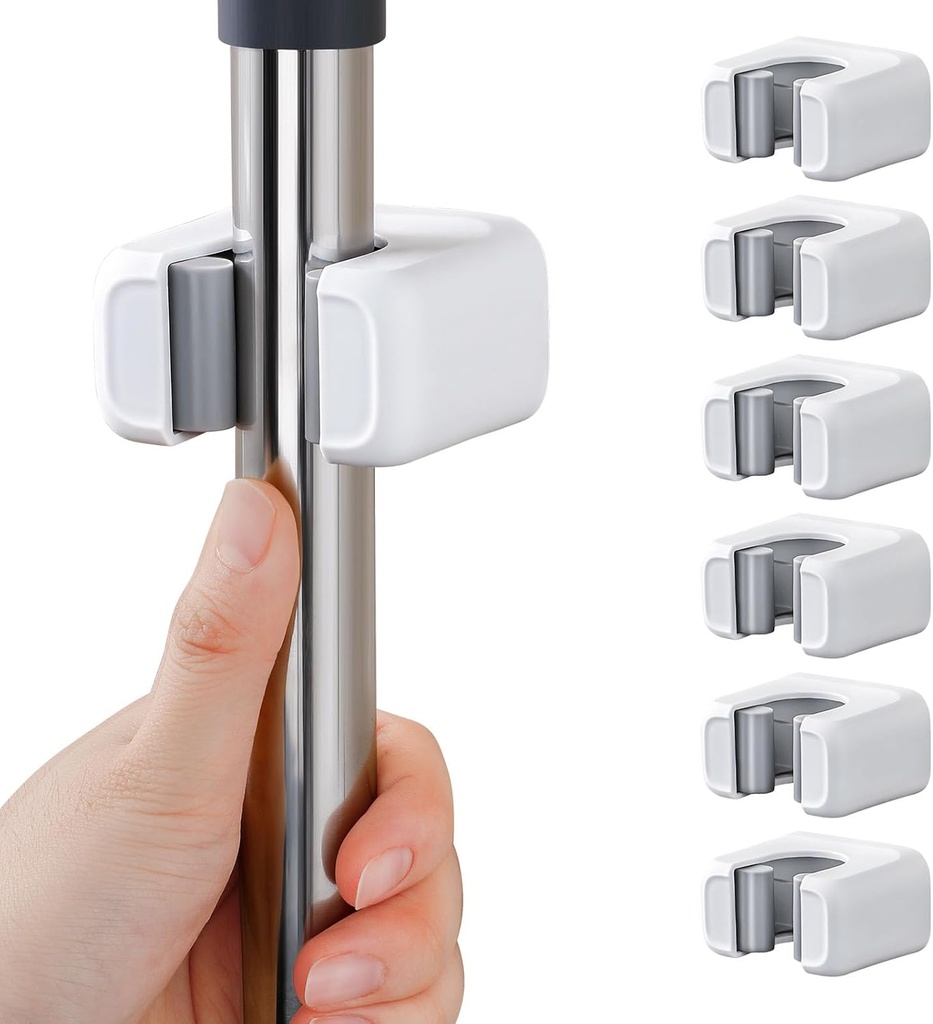 funest 6 Pack Mop and Broom Holder Wall Mount, No Drill Needed Self Adhesive, Non-Slip Mop Grippers for Tile Walls - Kitchen, Bathroom, Garage（White）