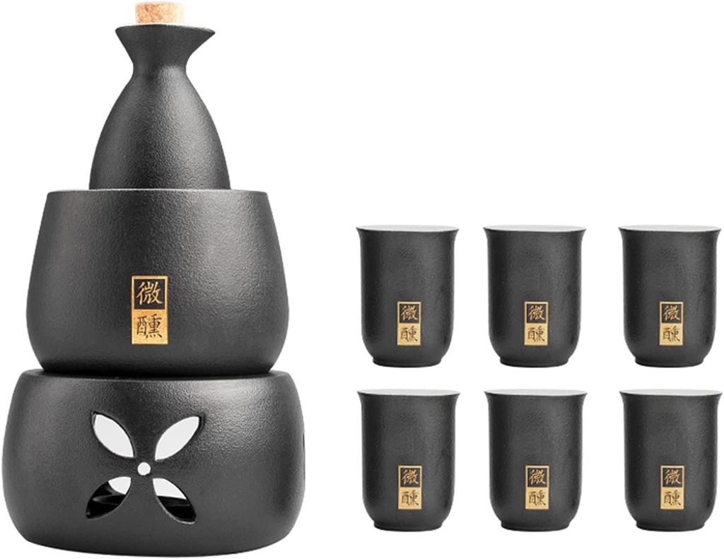 JOEUQK Ceramic Sake Set with Warmer Include 1pc Sake Bottle, 6pc Sake Cups, 1pc Warmer Cup, 1pc Candle Heating Stove,Black