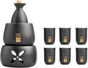 JOEUQK Ceramic Sake Set with Warmer Include 1pc Sake Bottle, 6pc Sake Cups, 1pc Warmer Cup, 1pc Candle Heating Stove,Black