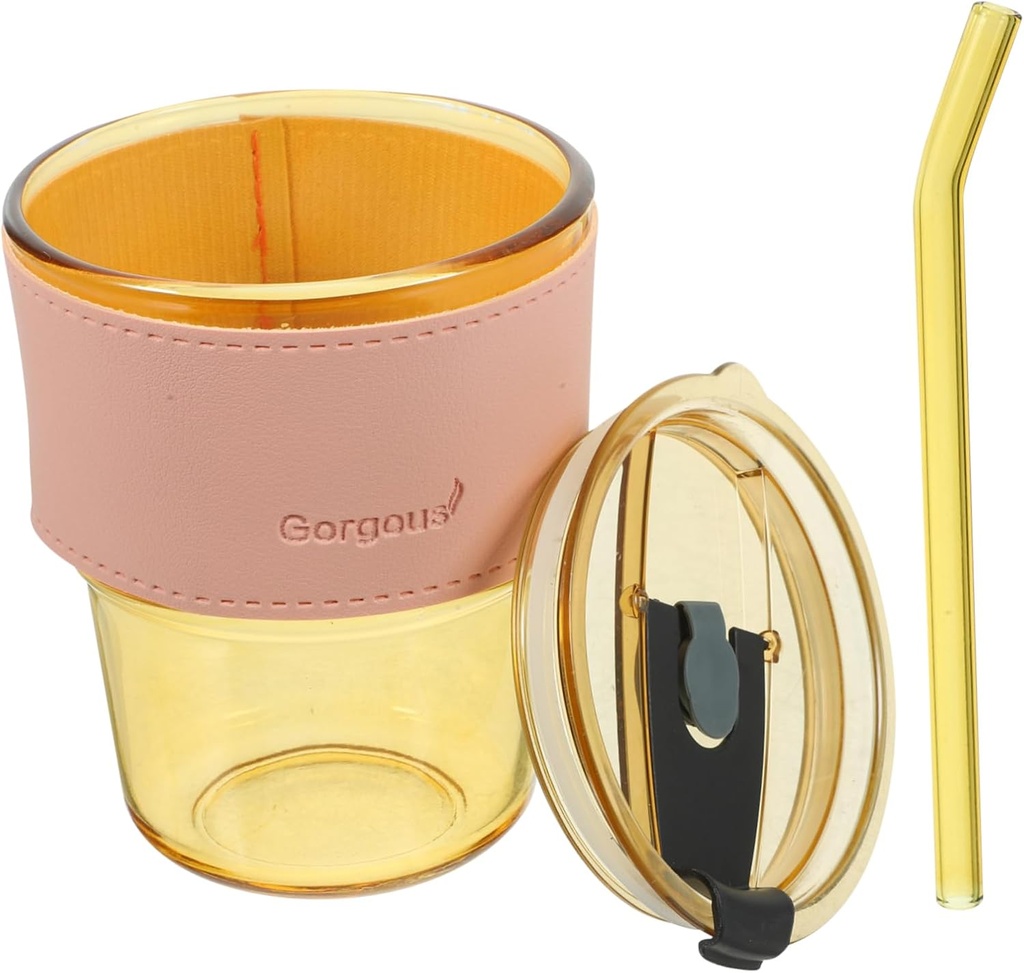 Amosfun Glass Cup Straw and Lid Insulated Tumbler Juice Milk Tea Water Mug Beverage Cup for Home
