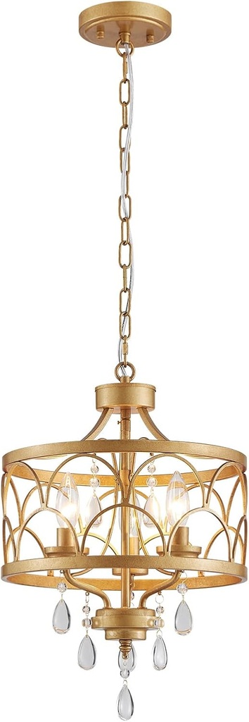 Small Crystal Chandelier, Modern Gold Crystal Chandeliers for Dining Room, Rustic Farmhouse Round Ceiling Pendant Light Fixture for Living Room, Entryway, Hallway, Bedroom, Bathroom