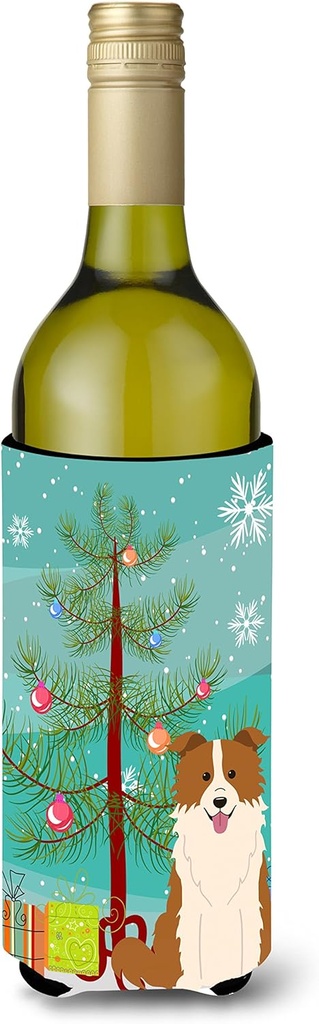 Caroline's Treasures BB4244LITERK Merry Christmas Tree Border Collie Red White Wine Bottle Hugger Bottle Cooler Sleeve Hugger Machine Washable Collapsible Insulator Beverage Insulated Holder