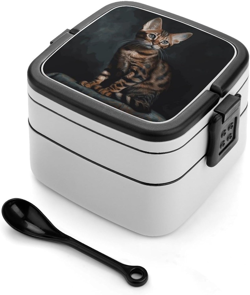 Adult Double-Layer Bento Box Bengal Cat Portable Lunch Box with Spoon And Invisible Handle Leakproof Microwave-Safe Food Container for Work Travel Camping