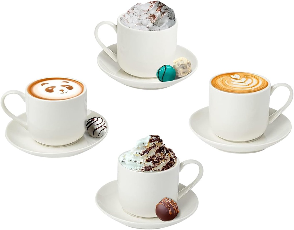 Espresso Cups Set of 4 with Matching Saucers – 4 oz White Porcelain Demitasse Cups for Italian, Turkish, or Lungo Coffee – 8-Piece Set