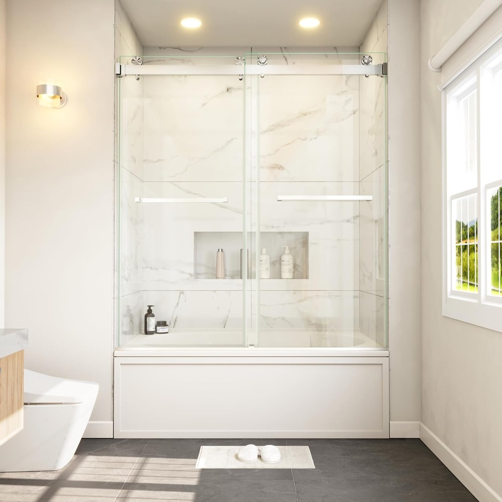 Bathtub Shower Doors 56-60" W x 60" H Double Sliding 3/8"(10mm) Frameless Clear Tempered SGCC Shatterproof Glass Width Adjustable Easy Clean Stainless Steel Hardware, DS01- Brushed Nickel