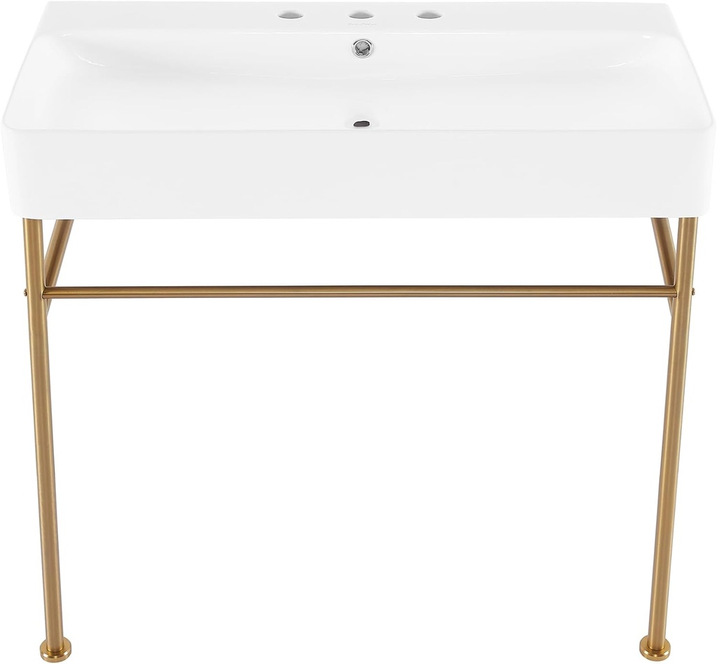 Carre 36" Console Sink White Basin Brushed Gold Legs with 8" Widespread Holes