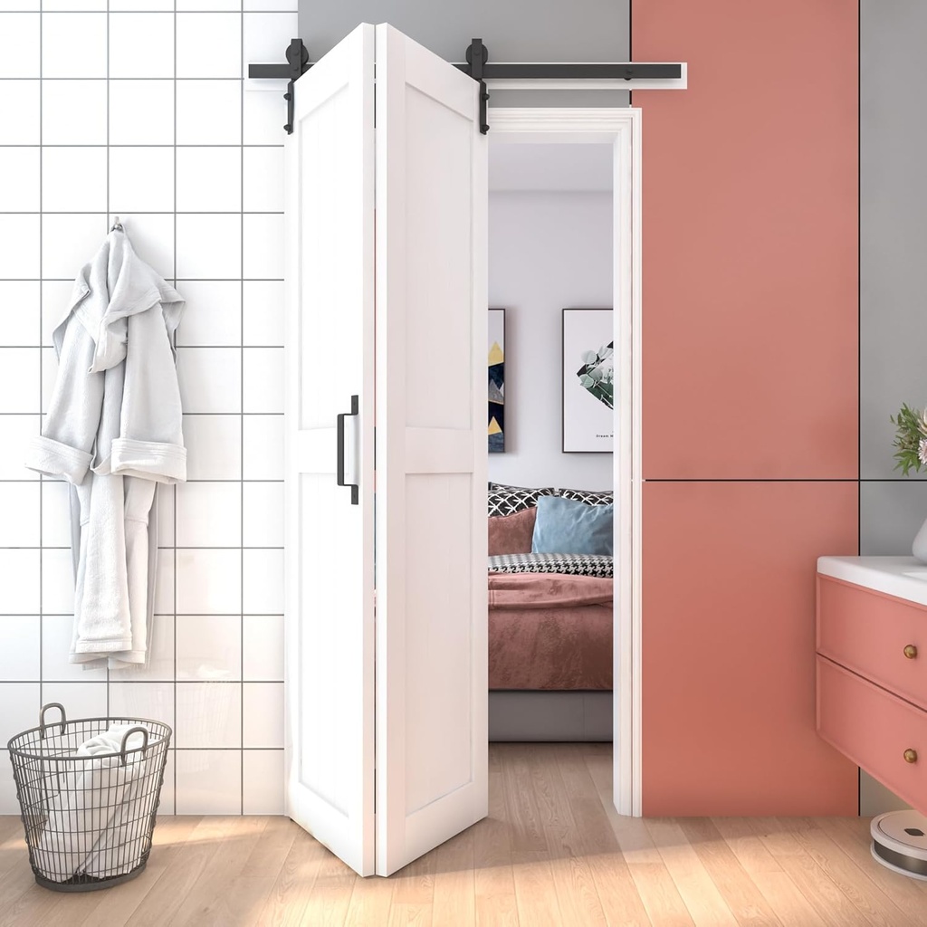 16" x 84" Double Bifold Barn Door, Solid MDF Folding Barn Doors Slab Covered with Water-Proof PVC Surface, White-Painted and Hardware Kit Included