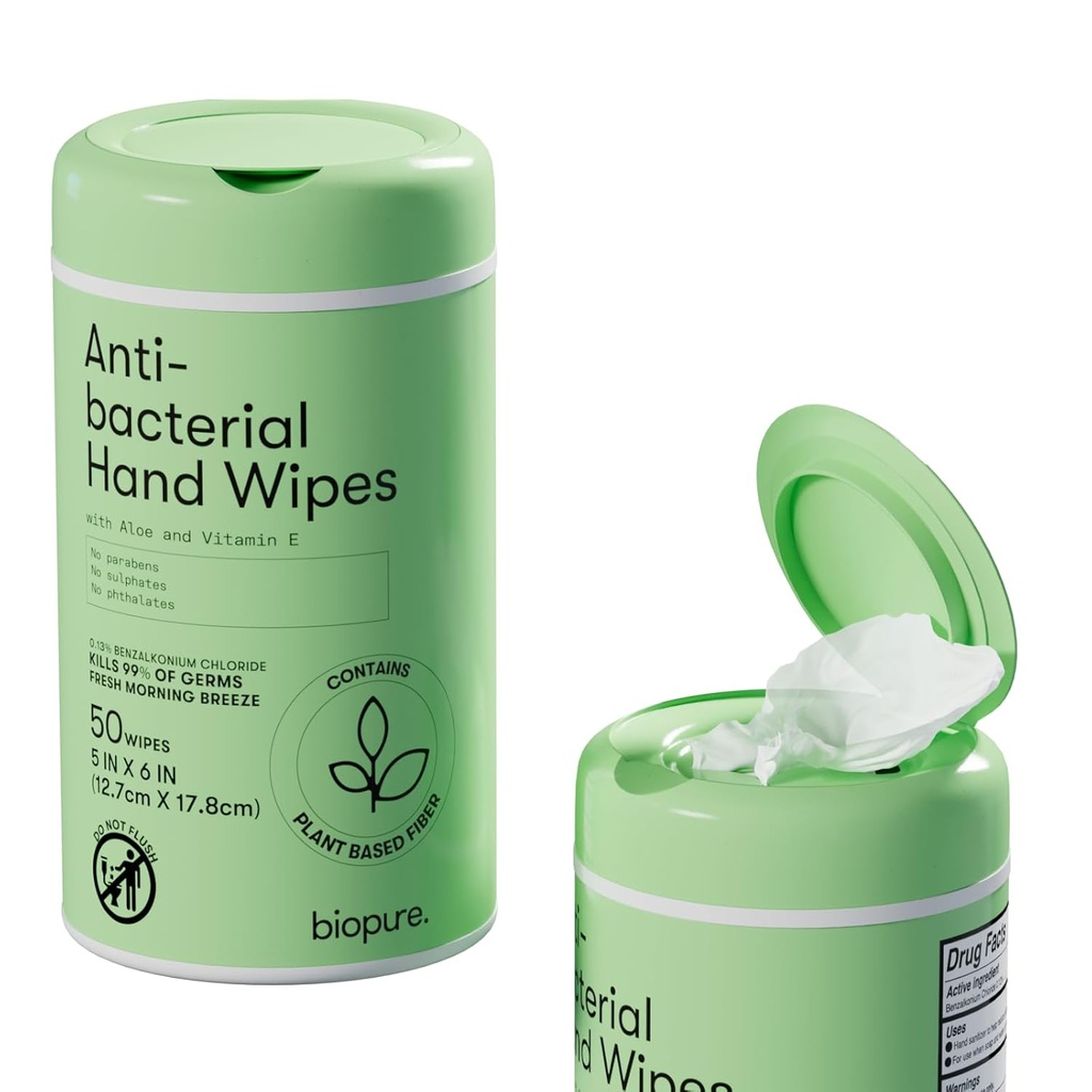 Biopure Antibacterial Hand Wipes Fresh Morning Breeze- Antibacterial Wipes with Aloe and Vitamin E Formula | 5"x7" Wet Wipes Canister | No Parabens, Sulfates or Phthalates, Kills 99% of Germs, 50 ct