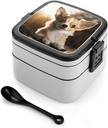 Stackable Double-Layer Bento Box Cute Chihuahua Adults Lunchbox with Spoon Cute Japanese Bento Box Dishwasher Safe for Work Travel Dining Outc