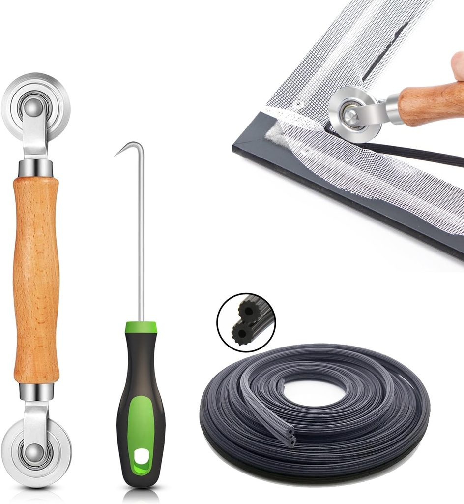 Screen Repair Kit/Tool, King&Charles Screen Roller Tool, Steel Roller with Bear, 32 ft Spline, Removal Hook, 3 in 1 Window Repair Kit, for Installing Door Window Mesh.