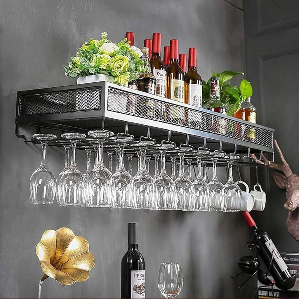 SBTXHJWCGLD Wine Rack Wine Bracket Wrought Iron Hanging Red Wine Cup Holder Ornaments Upside Down Wine Bottle Rack Fence Industrial Wind Wall Hanging for Kitchen Wine Cellar Bar