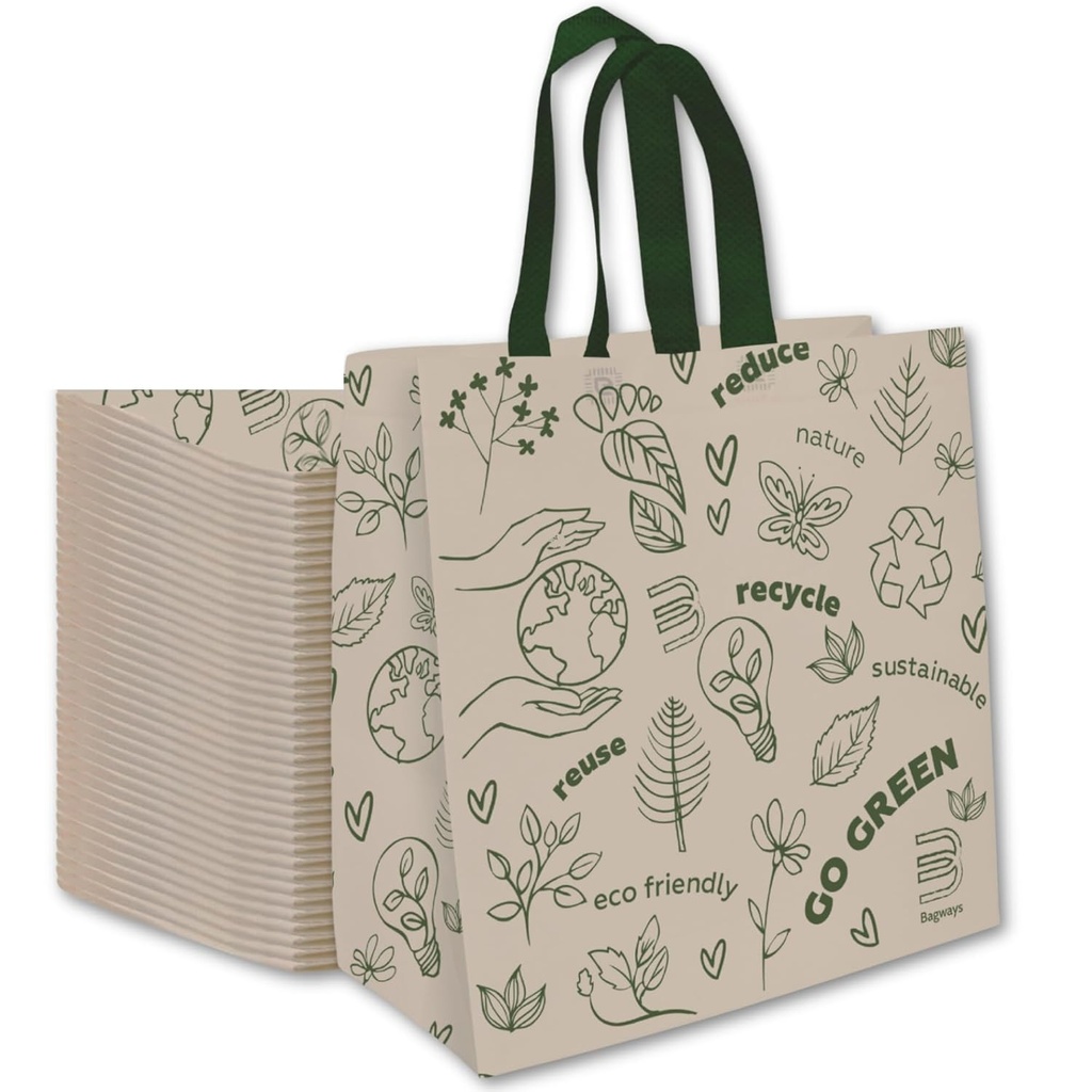 Bagways 30 PACK Reusable Grocery Bags with Handles, Durable, Foldable, Washable Eco-Friendly Shopping Totes, 14x6.5x14 Inch, Beige/Green Design