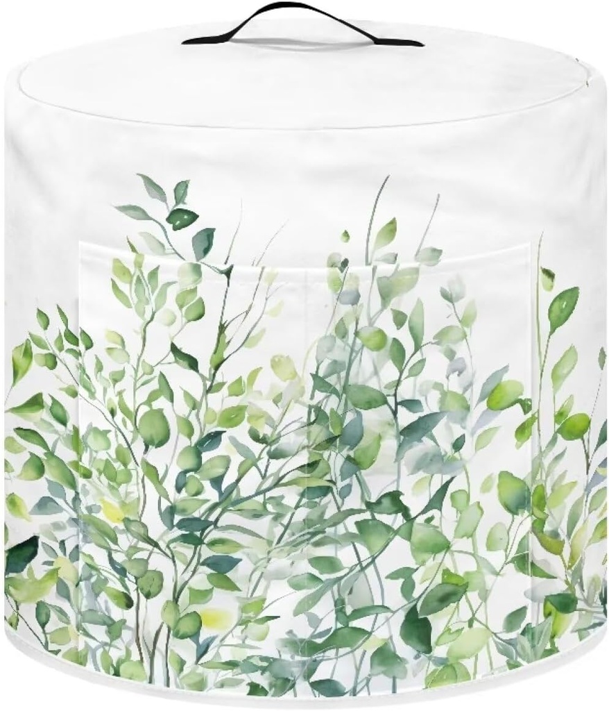 Insulated Pressure Cooker Appliance Cover for Rice Cooker, Air Fryer and Crock Pot, 8 Quart Dust Cover with Pocket for Spoon/Cooking Utensils/Recipes, Indoor Decor, Green Leaf White