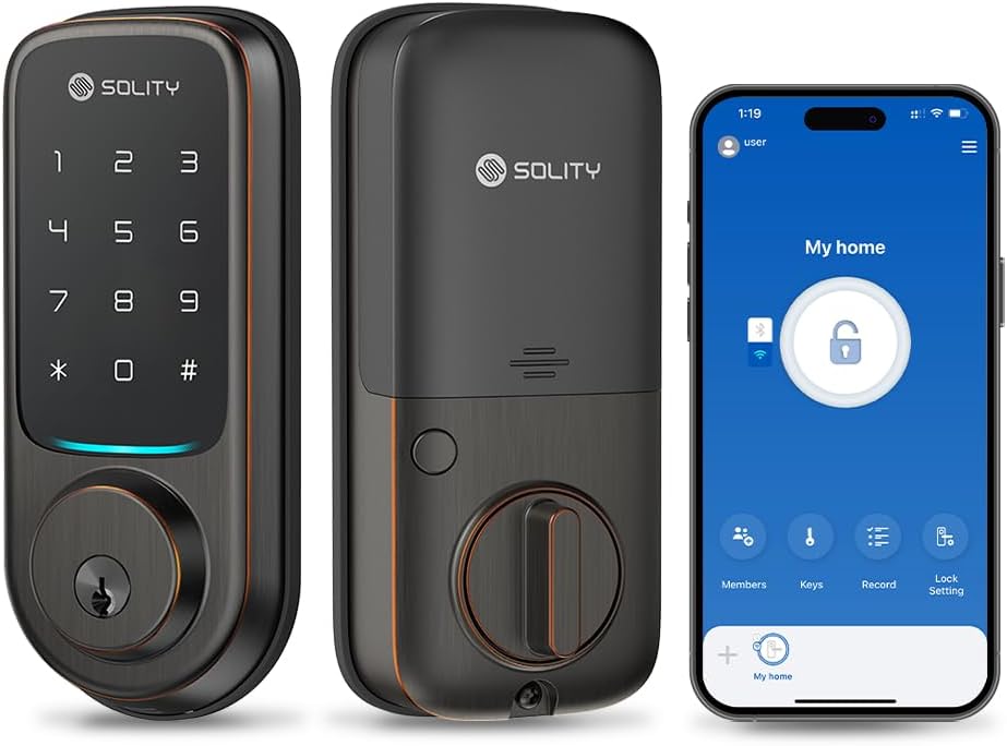 Solity No-Hub Smart Digital Door Lock, Designed in Korea, Keyless Entry, Wi-Fi, Remote Control, Touchscreen Keypad, Auto Lock, IP54 Waterproof GT10K Keypad (Oil Rubbed Bronze)