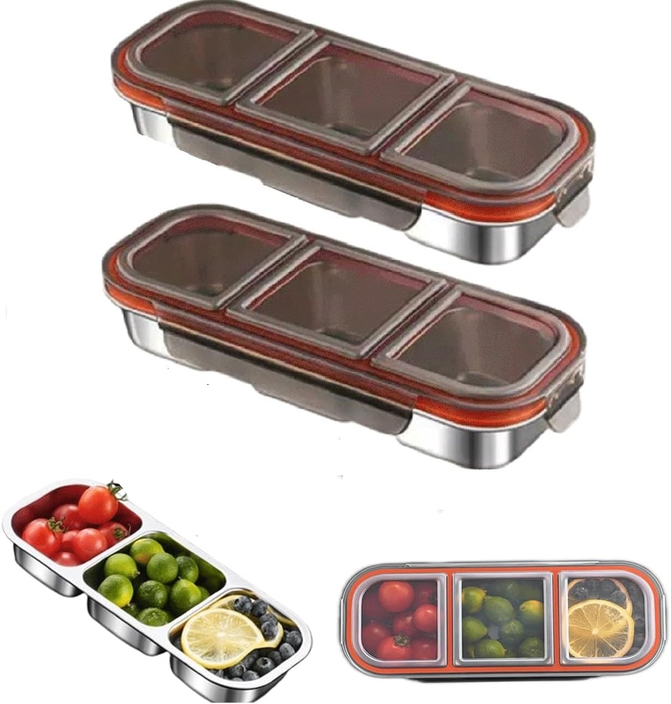 2 Piece Stainless Steel Snack Containers with Lids, Reusable 3 Compartment Snack Containers, Divided Food Storage Containers Box Sauce Cups for School, Travel, Home (3 Compartment-black)