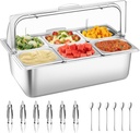 Countertop Food Serving Display Container with Clear Roll Top Cover, Stainless Steel Serving Tray Buffet Condiment Dispenser Ice Cooled Food Display Rack Pans(6 Pan)
