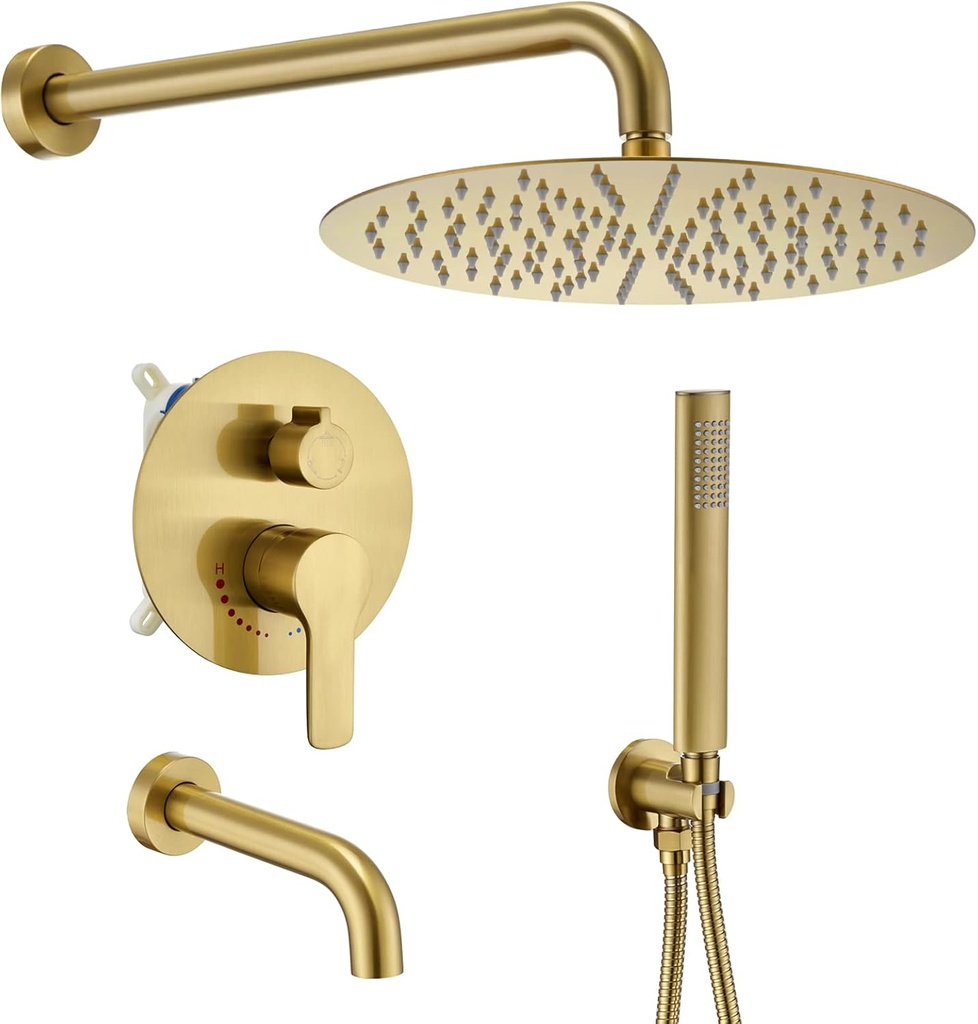 Gold Shower System, Brushed Gold Shower Faucet Set Has 10 Inch Rain Shower Head The Handheld Shower and Tub Spout, Rainfall Shower Fixtures Golden Brush For Bathroom Shower Set