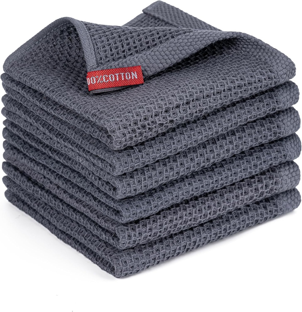 BOOMIBOO ﻿Kitchen Towels 6-Pack Kitchen Dish Cloths,100% Cotton Towels Waffle Weave, Ultra Soft Absorbent, Quick Drying, 12x12 Inches,Dark Grey