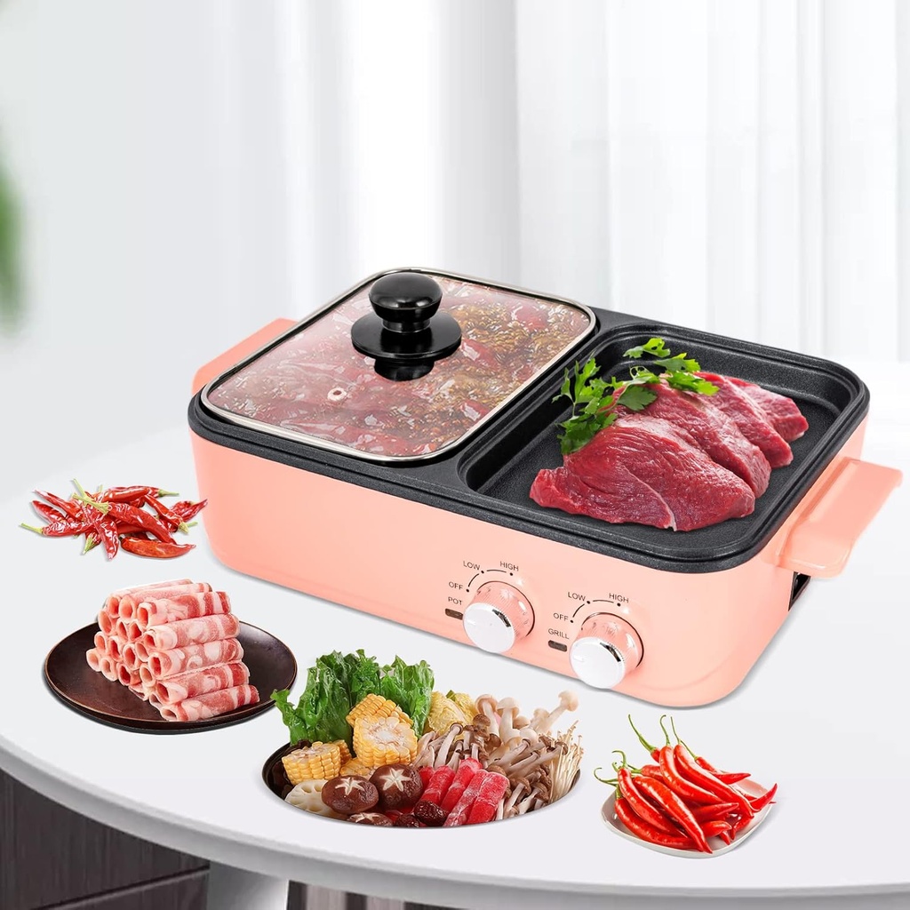 Electric Hot Pot, 2 in 1 Indoor Non-Stick Electric Hot Pot and Griddle for Korean BBQ, Steaks, Shabu Shabu and Noodles, Independent Dual Temperature Control, Fast Heating, Pink