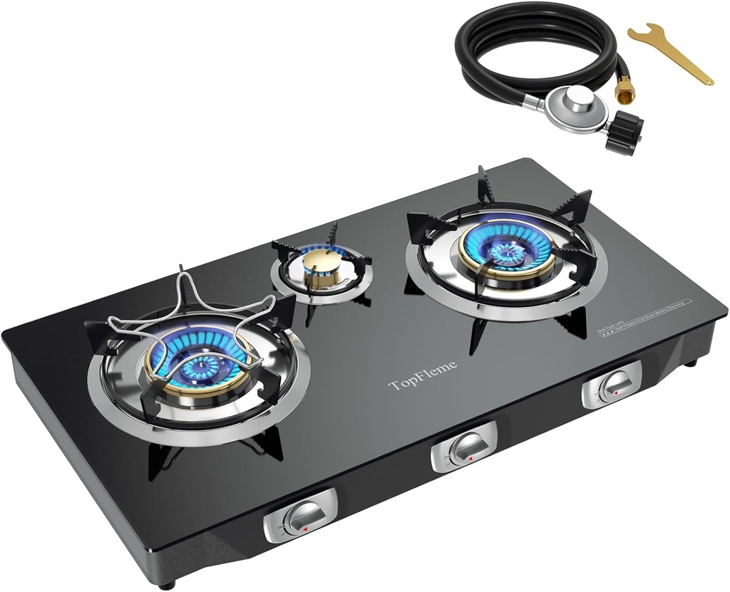 3 Burner Propane Stove 32,300 BTU High-Efficiency Tempered Glass Auto-Ignition Gas Burner Stove Top with CSA Hose for Outdoor RV Camping Emergency Cooking
