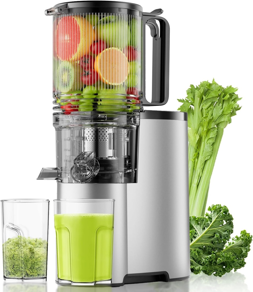 Cold Press Juicer, 5.8" Wide Feed Chute Juice Extractor Machine with 400W, High Juice Yield, Slow Masticating Juicer for Whole Vegetables & Fruits, Premium Grey