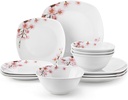 VEWEET Porcelain Dinnerware Set with Pink Floral, 12 PCS Including Dinner Plates, Dessert Plates and Cereal Bowls, Series Annie