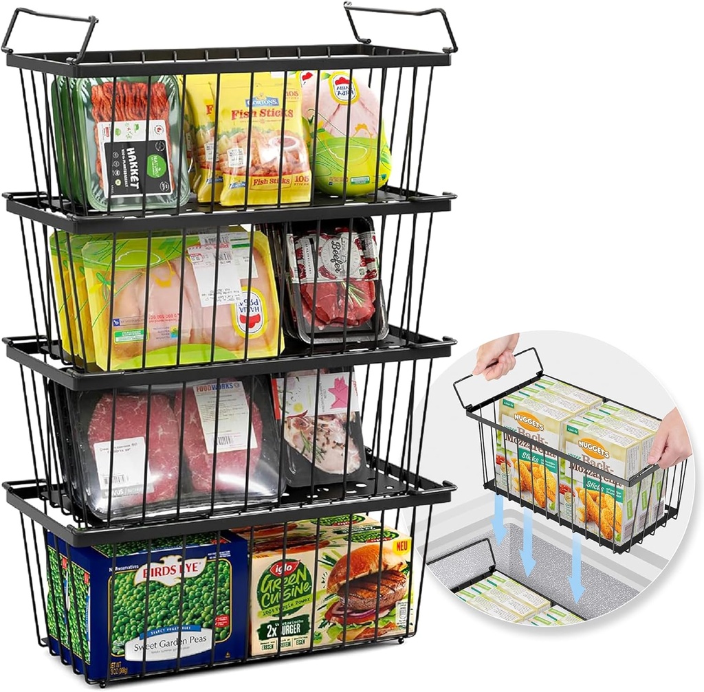 Tafura Freezer Organizer Bins (14" Lx7 Wx6.1 H) - 4 Pack Stackable Freezer Baskets Sort Frozen Meats & Food - Deep Freezer Organizer Bins with Handles for Upright & Chest Freezer (Black)