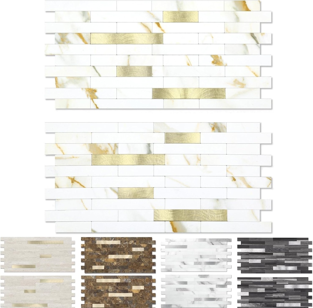 Yipscazo 20 Sheets Peel and Stick Stone Metal Backsplash, PVC Wall Tiles Stick on Tiles for Backsplash Kitchen, Bathroom, Fireplace (6'' X 12'', Calar Golden)