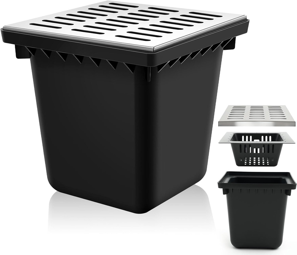 Catch Basin with 304 Stainless Steel Grate 18 x 18 x 15 Inch Square Large Catch Basin for Drainage with Debris Basket French Drain Without Reserved Hole for Yard, Downspout, Municipal Pipeline