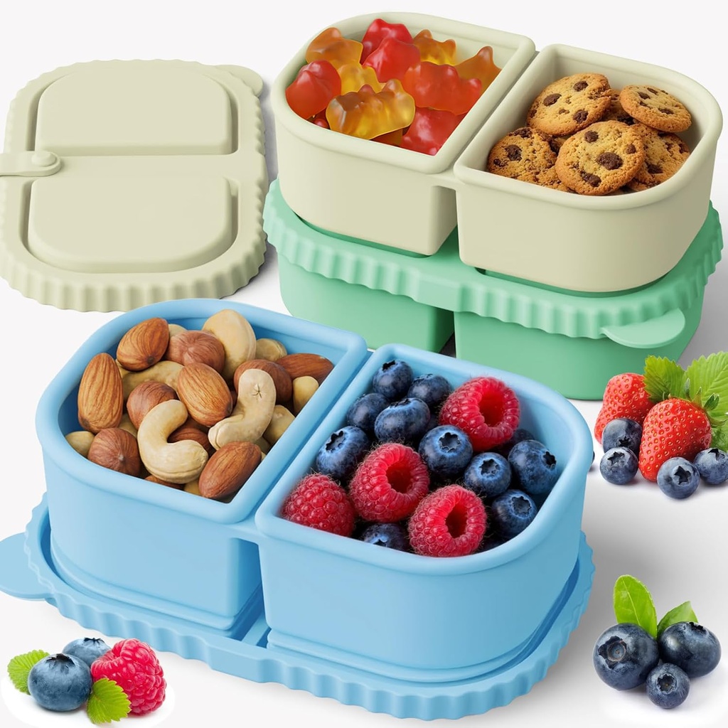 YQL 3 Pack Premium Silicone Reusable Snack Containers with Lids, Double Compartment Snack Box for Kids, Portable Food Containers for Sauce and Salad, Leakproof Snackle Packs for School, Picnic, Office