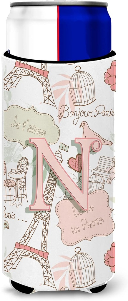 Letter N Love in Paris Pink Ultra Beverage Insulators for slim cans