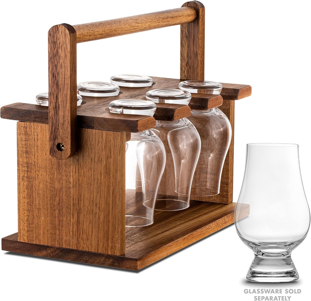 CairnCaddy Acacia Hardwood Whiskey Glass Holder - Carrier and Drying Rack for Whisky Tasting Glassware