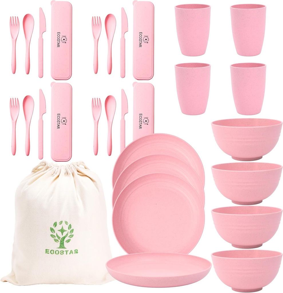 ECOSTAR Wheat Straw Dinnerware Sets Unbreakable Plates Bowls and Cups Reusable Utensils Dishwasher Microwave Safe Bowls and Plates Sets (Pink)