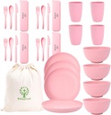 ECOSTAR Wheat Straw Dinnerware Sets Unbreakable Plates Bowls and Cups Reusable Utensils Dishwasher Microwave Safe Bowls and Plates Sets (Pink)