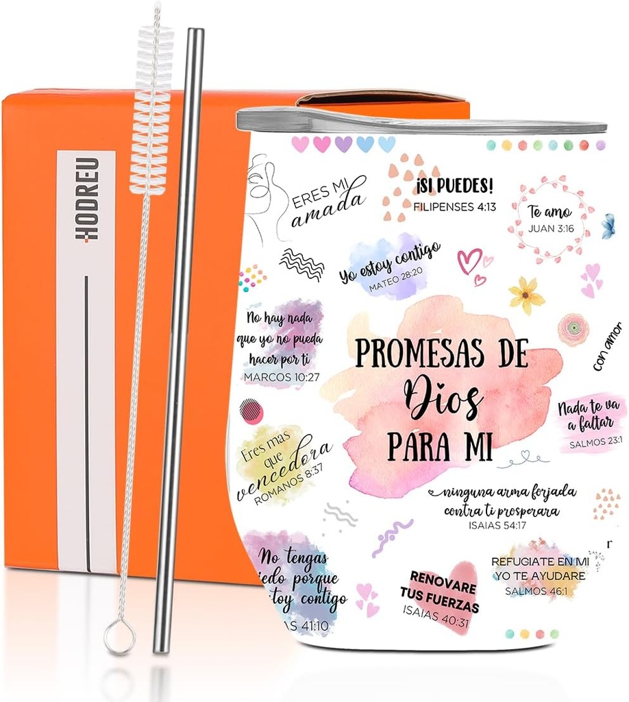 Christian Tumbler for Women, Christian Gifts, 12oz Wine Tumbler, Spanish Religious Gifts for Women Men Pastor Wife Faith Based Gifts Bible Verse Wine Glass Insulated Wine Tumbler With Lid and Straw