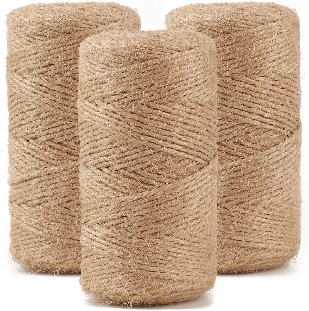 984 FT Natural Jute Twine, 3ply Thin Ribbon Hemp Twine for Gardening, Plant, Gift Wrapping, Art, Wedding Decoration, Packing, Bulk (3 Roll)