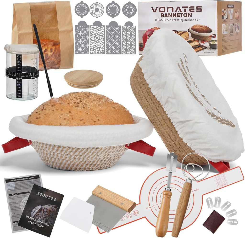 Sourdough Bread Baking Supplies, Sourdough Starter Kit, Cotton Rope Banneton Bread Proofing Basket, 40oz Sourdough Starter Jar, Sourdough Proofing Basket, Bread Making Tools for Mom, Bakers, Women