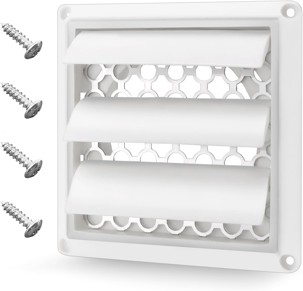 4" Louvered Dryer Vent Cover by Beaquicy - Outdoor White Exhaust Cap with Aluminum Built-in Pest Guard Screen & Screws for 4 Inch Opening Hood Duct