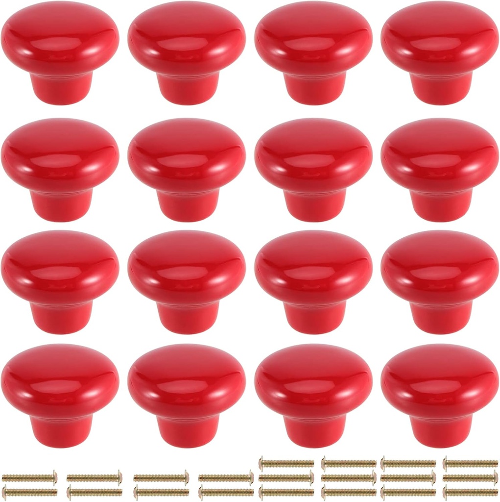 JAPCHET 16 Pack Red Ceramic Cabinet Knobs, 32 MM/1.26Inch Single Hole Ceramic Door Knobs with Screws, Button Round Mushroom Door Pulls for Kitchen Cabinet, Cupboard, Wardrobe, Dresser