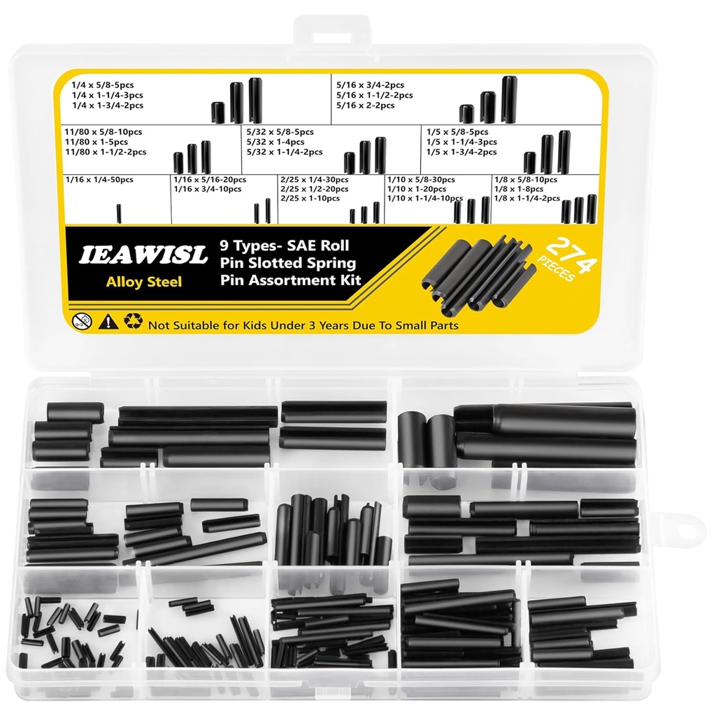 274Pcs Roll Pins Assortment, 65Mn Steel Black Roll Pins - 1/4, 5/16, 11/80, 5/32, 1/5, 1/16, 2/25, 1/10, 1/8 for Home Automotive Repair