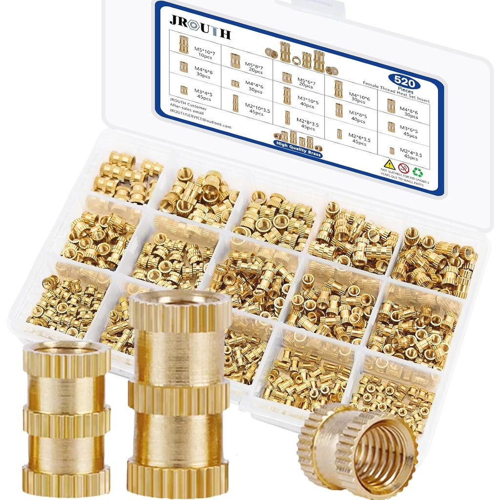 M2.5 M3 M4 M5 M6 Threaded Inserts for Plastic Heat Set Insert Brass Insert Assortment Kit for 3D Printing Injection Molding Press Thread Nuts (520pcs Heat Set Inserts)