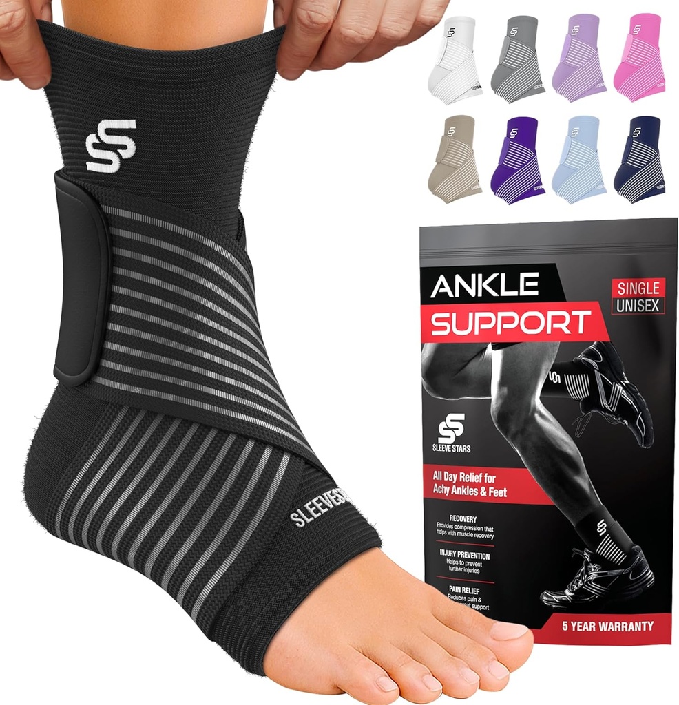 Sleeve Stars Ankle Brace for Women & Men, Ankle Wrap for Sprain, Compression Sleeve for Plantar Fasciitis Relief, Easy Customizable Support: w/ Removable Strap (Single/M:10"-12"/Black)