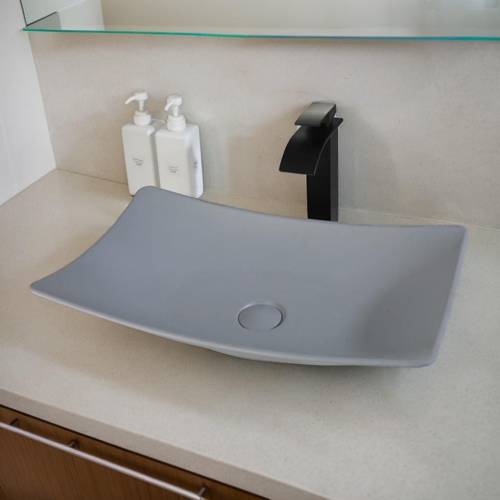 22x14 Inch Grey Stone Resin Vessel Sink Rectangle Bathroom Sink Above Counter, Modern Grey Vessel Sink for Bathroom Vanity