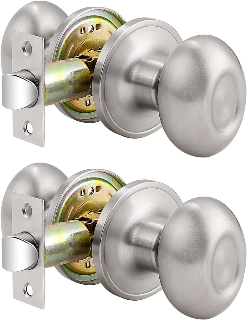 Probrico Egg Style Hallway and Closet Non-Locking Passage Door Knobs,Brushed Nickel Oval Keyless Stainless Steel Interior Door Handles Sets(2 Pack)