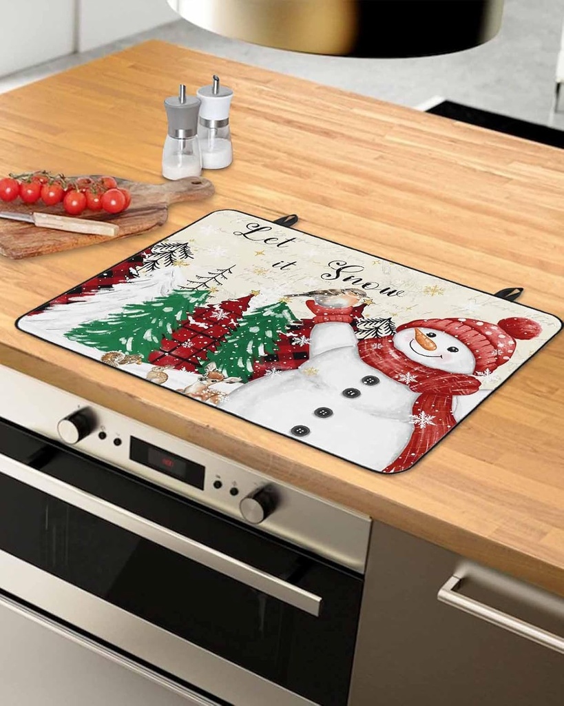 Snowman Countertop Burners Protection Mats for Kitchen, Christmas Tree Bird Deer Snowflake Vintage Rubber Stove Top Cover Mat, Heat Proof Mats Cooktop Cover for Counter Dish Drying Mat, 31"x24"